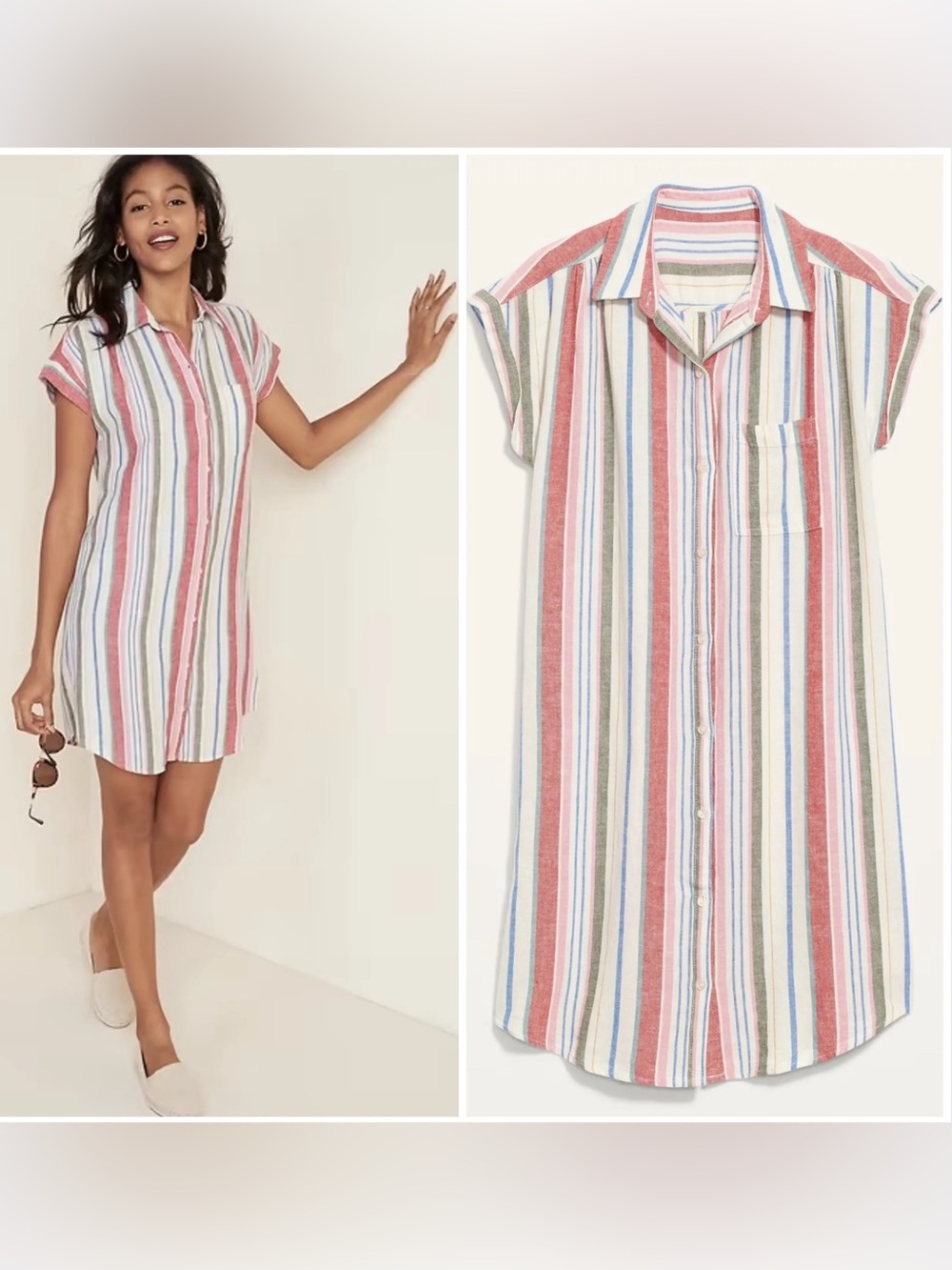 Red & Blue Striped Casual Button-Up Dress